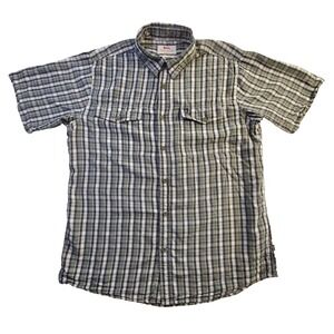 Fjallraven Abisko Cool Shirt SS Men L Green Blue Plaid Lyocell Hiking Button Up